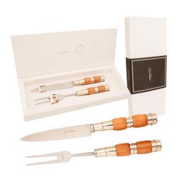 Juego De Cubierto Individual En Madera Y Alpaca 3 Virolas, Linea Fina, En Cajas Laminado Estilo CAMPERO PAMPA